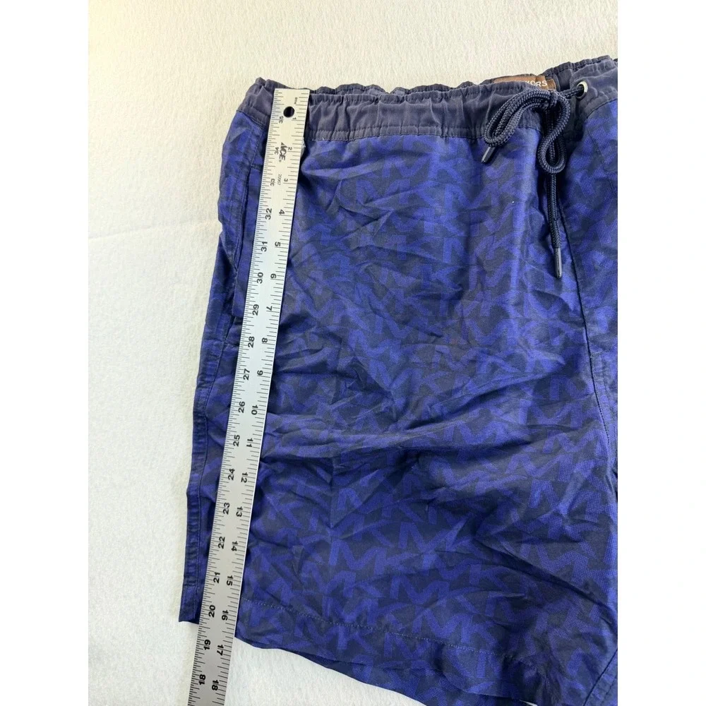 Michael Kors Mens Navy Blue Monogram Logo Swim Trunks Shorts Size L Drawstring